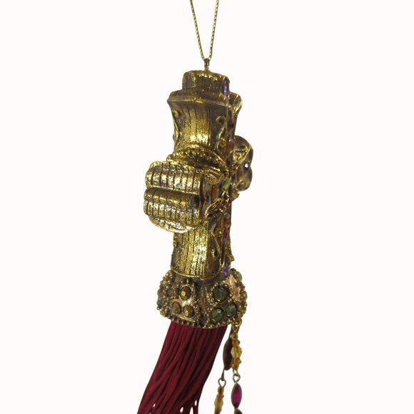 Ornate Jeweled Gold Cross Tassel Decor With Gem Accents & Red Fringe - Picture 2 of 6
